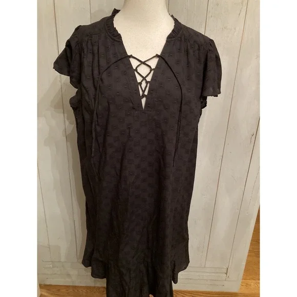 Loft Lace Up Flounce Swing Dress Black Size Lg Lightweight NEW 99$ - Picture 3 of 9
